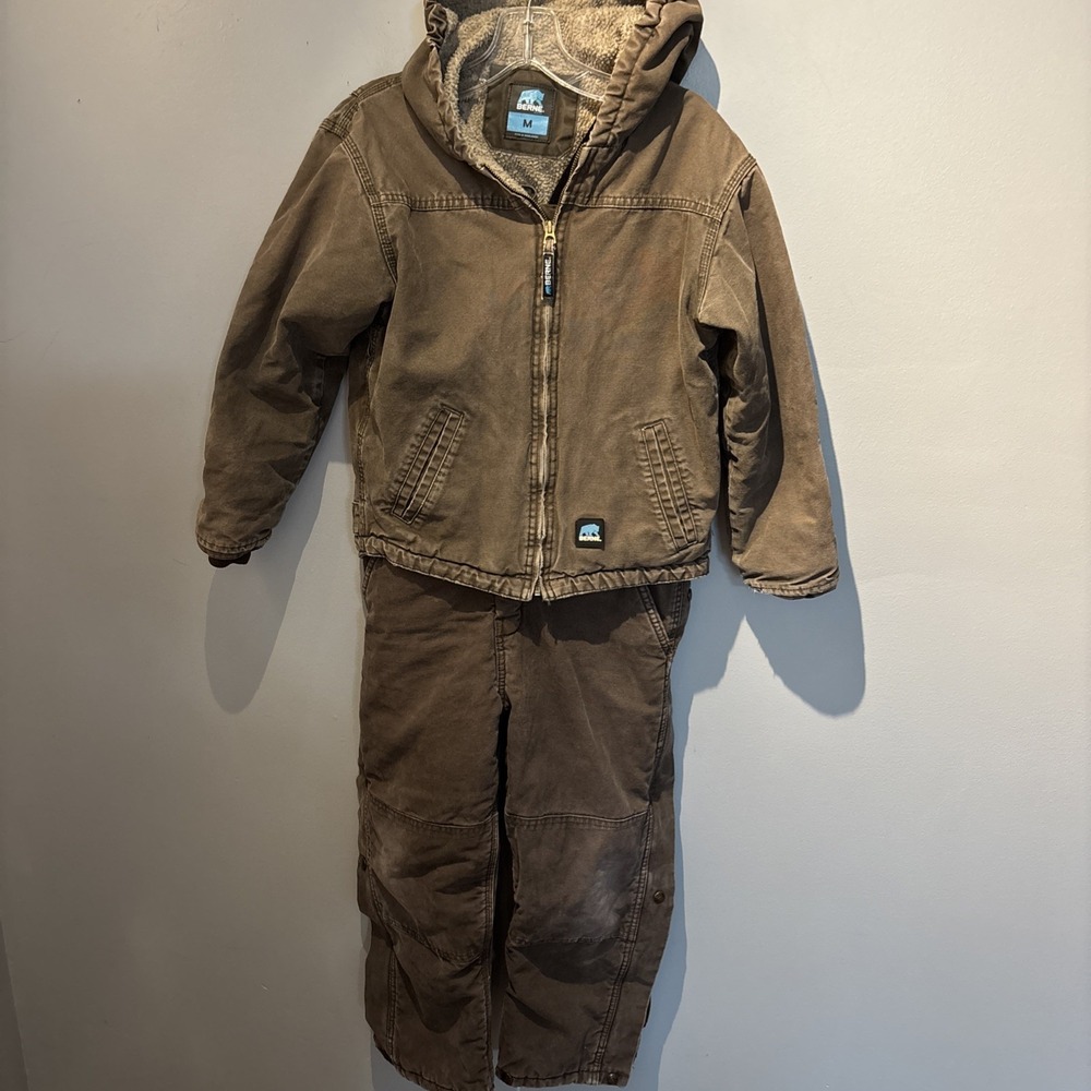 Berne Brown Youth Sherpa-lined Hooded Duck/Chore Jacket Matching Overalls Size M